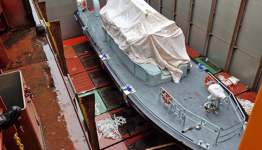A large working boat was transported as a breakbulk shipment on board of a container vessel, transportation arranged by project logistics forwarder Hacklin Logistics