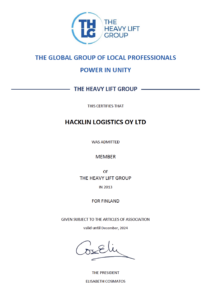 The heavy lift group THLG membership CERTIFICATE HACKLIN LOGISTICS OY LTD 2024