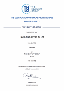 2026 - THLG CERTIFICATE HACKLIN LOGISTICS OY LTD 2026