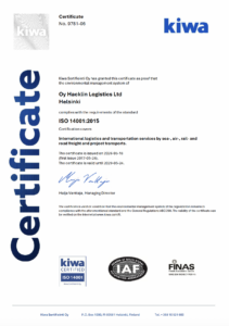 quality certificate ISO 14001:2015 Hacklin Logistics