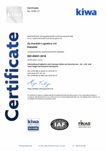 quality certificate ISO 45001-2018 Hacklin Logistics