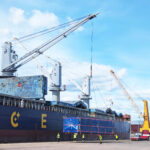 Project cargo being lifted from a vessel by the ship's crane at the Port of Hamina during cargo discharge operations.