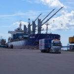 Project cargo being lifted from a vessel by the ship's crane at the Port of Hamina during cargo discharge operations.