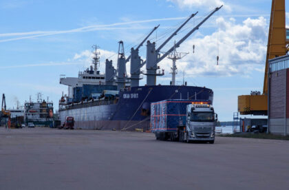 Project cargo being lifted from a vessel by the ship's crane at the Port of Hamina during cargo discharge operations.
