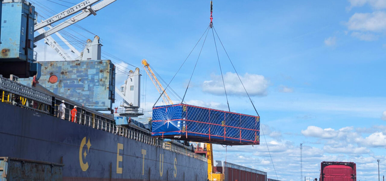 Breakbulk vessel alongside the quay at the Port of Hamina ready for project cargo handling operations.