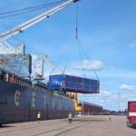 Breakbulk vessel alongside the quay at the Port of Hamina ready for project cargo handling operations.