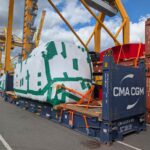 Oversized project cargo prepared for ocean transport on flat rack containers at the Port of Helsinki before shipment to Brazil.