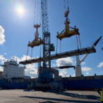 Heavy lift loading operation in Rauma involving large recovery boiler equipment and long tube elements for international transport