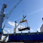 Specialized cargo handling operation in Rauma featuring oversized boiler components and coordinated lifting arrangements.
