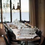 Meeting and dining space prepared for a Hacklin Logistics employee event overlooking the Finnish waterfront.