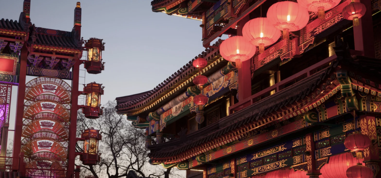 Traditional Chinese architecture illuminated with red lanterns in Shanghai, China, during the Golden Week holiday period