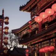 Traditional Chinese architecture illuminated with red lanterns in Shanghai, China, during the Golden Week holiday period